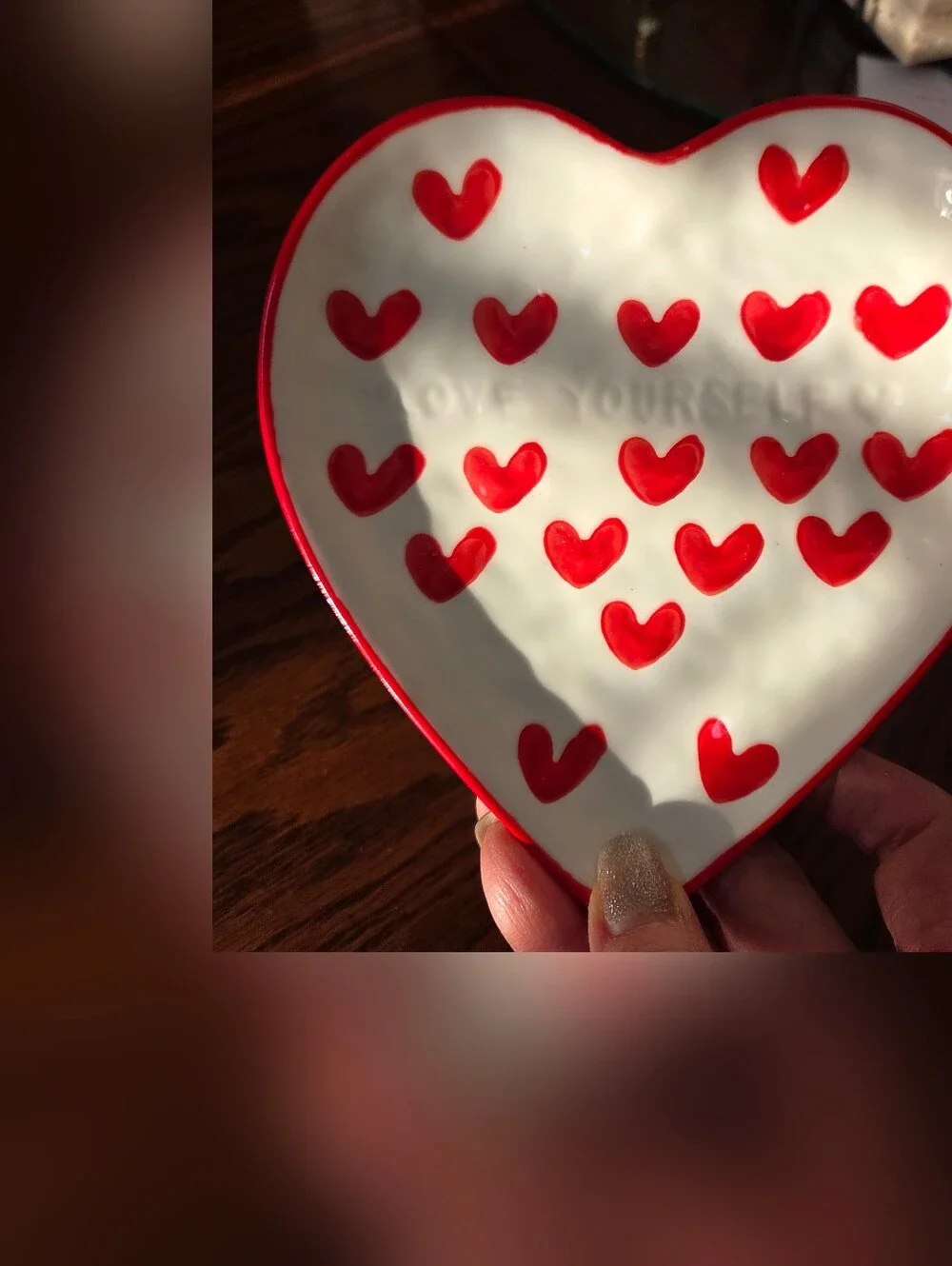 Heart-Shaped Ceramic Dish and Mug Set in White with Red Hearts